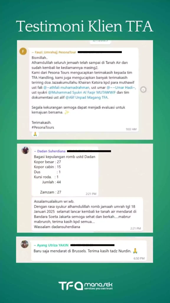 Portofolio TFA: Spesialis Handling Terbaik 13 testimoni klien tfa manasek handling haji umroh