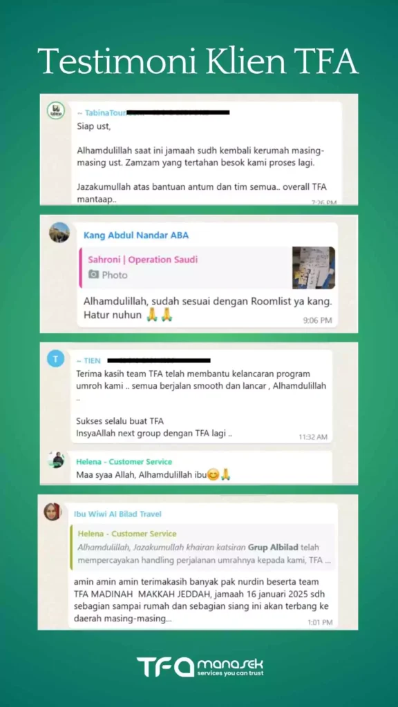 Portofolio TFA: Spesialis Handling Terbaik 11 testimoni klien tfa manasek handling haji umroh