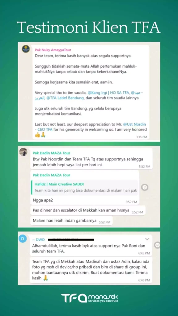 Portofolio TFA: Spesialis Handling Terbaik 9 testimoni klien tfa manasek handling haji umroh