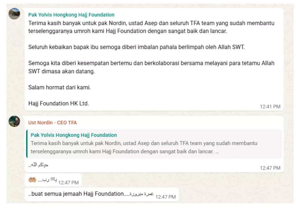 Ketika Visa Menjadi Titik Kritis Operasional: Studi Kasus Jamaah Cina Hajj Foundation 1 Dokumentasi testimoni asli tfa manasek dari Hajj Foundation HK Ltd.